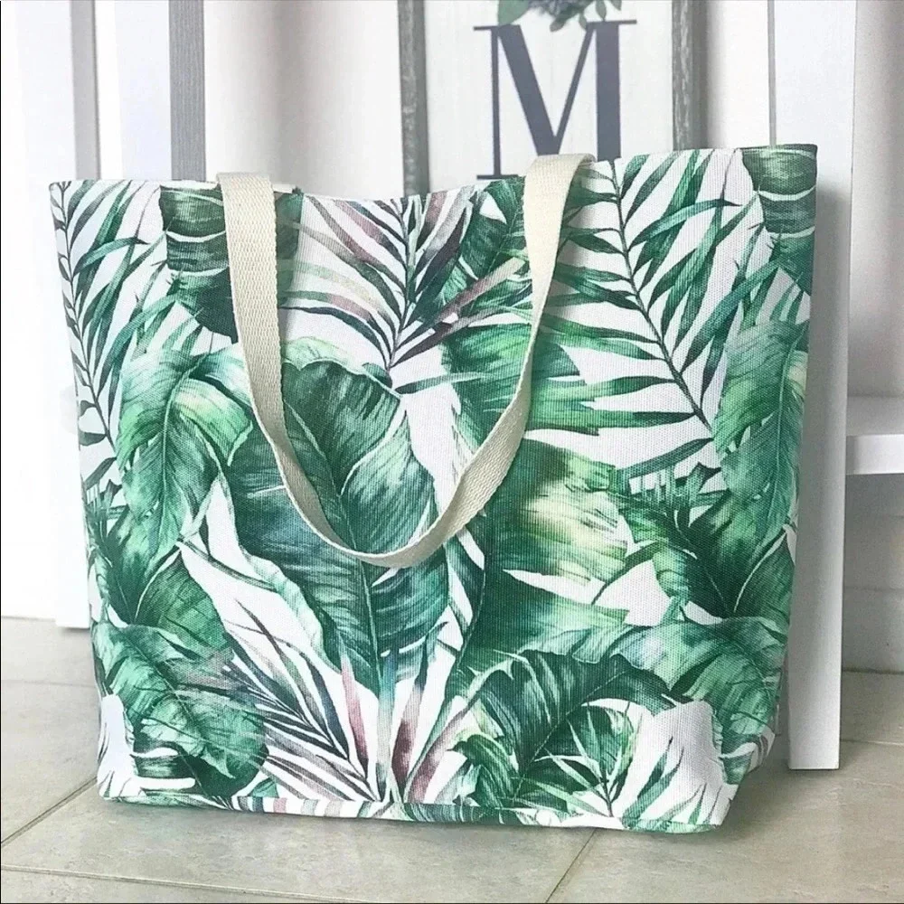 Tropical Leaf Print Tote Bag | Large Beach Travel Diaper Laptop Bag